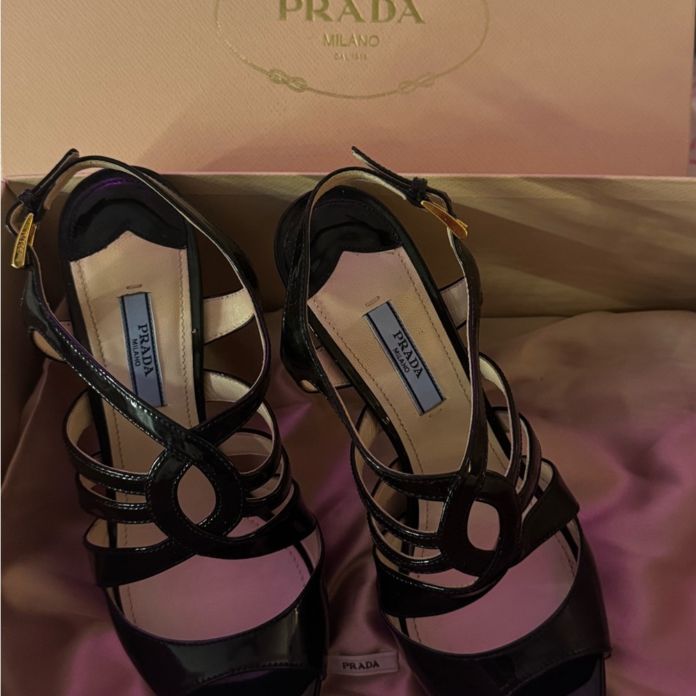 Prada Black Patent Leather Strappy Heels